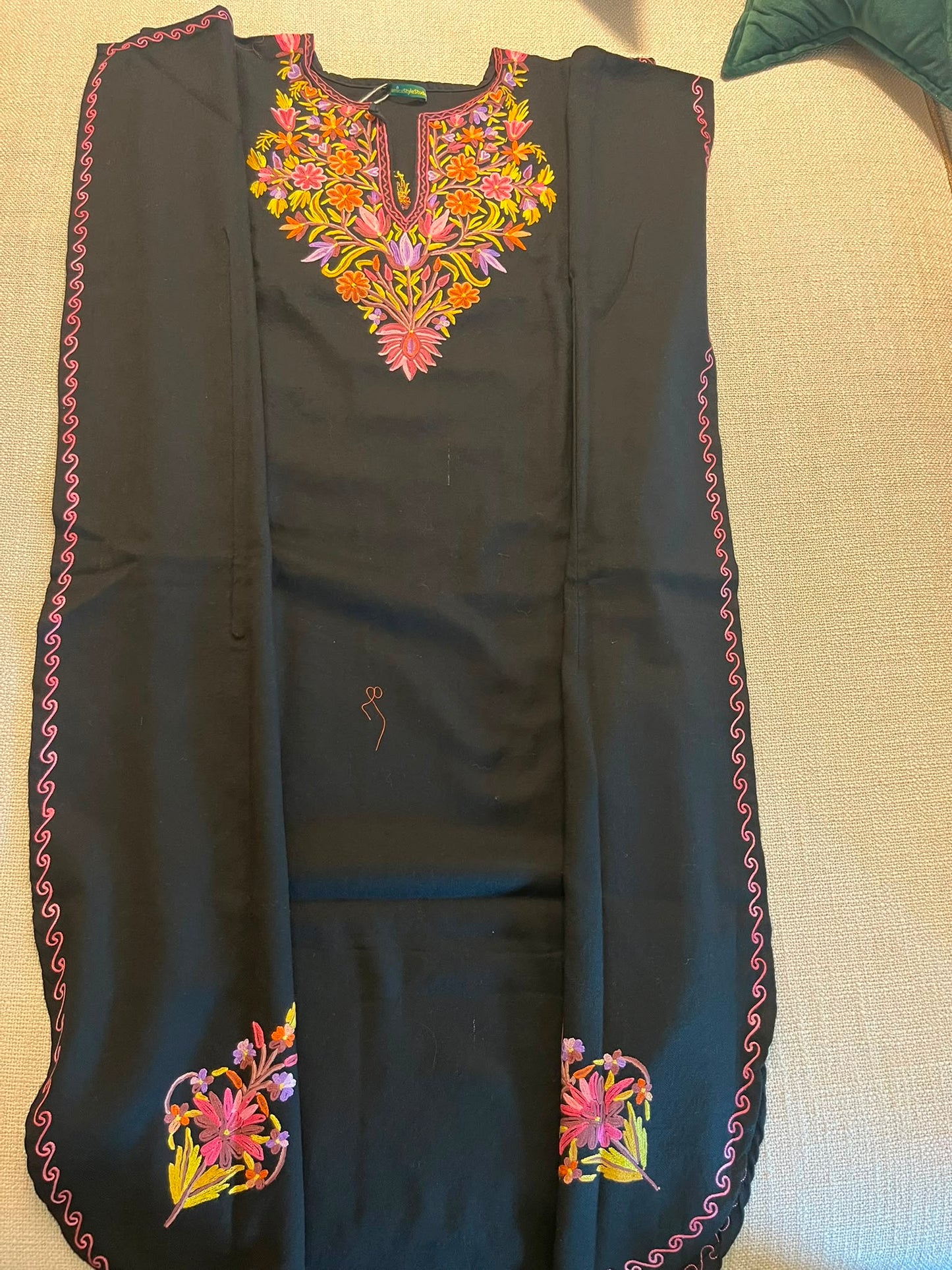 Handmade black Kashmiri Embroidered Wool Poncho Cape: Bohemian Kaftan (125 cm)