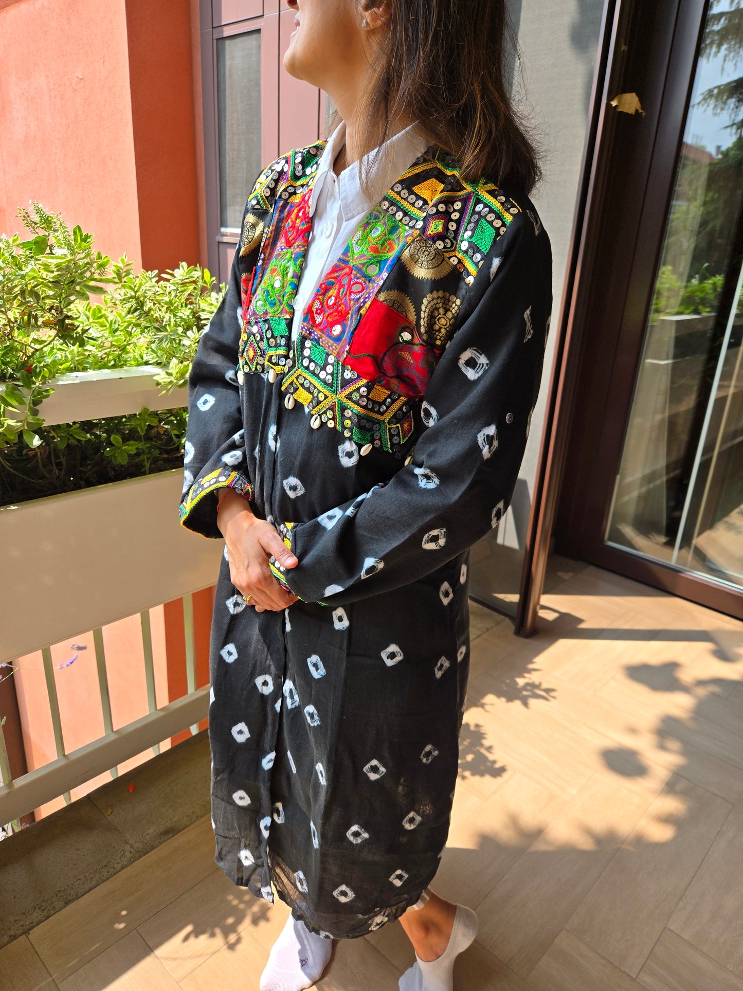 Black Cotton bandhej and patchwork Shrug with hand Embroidery, Long Embroidered  fusion wear for Women