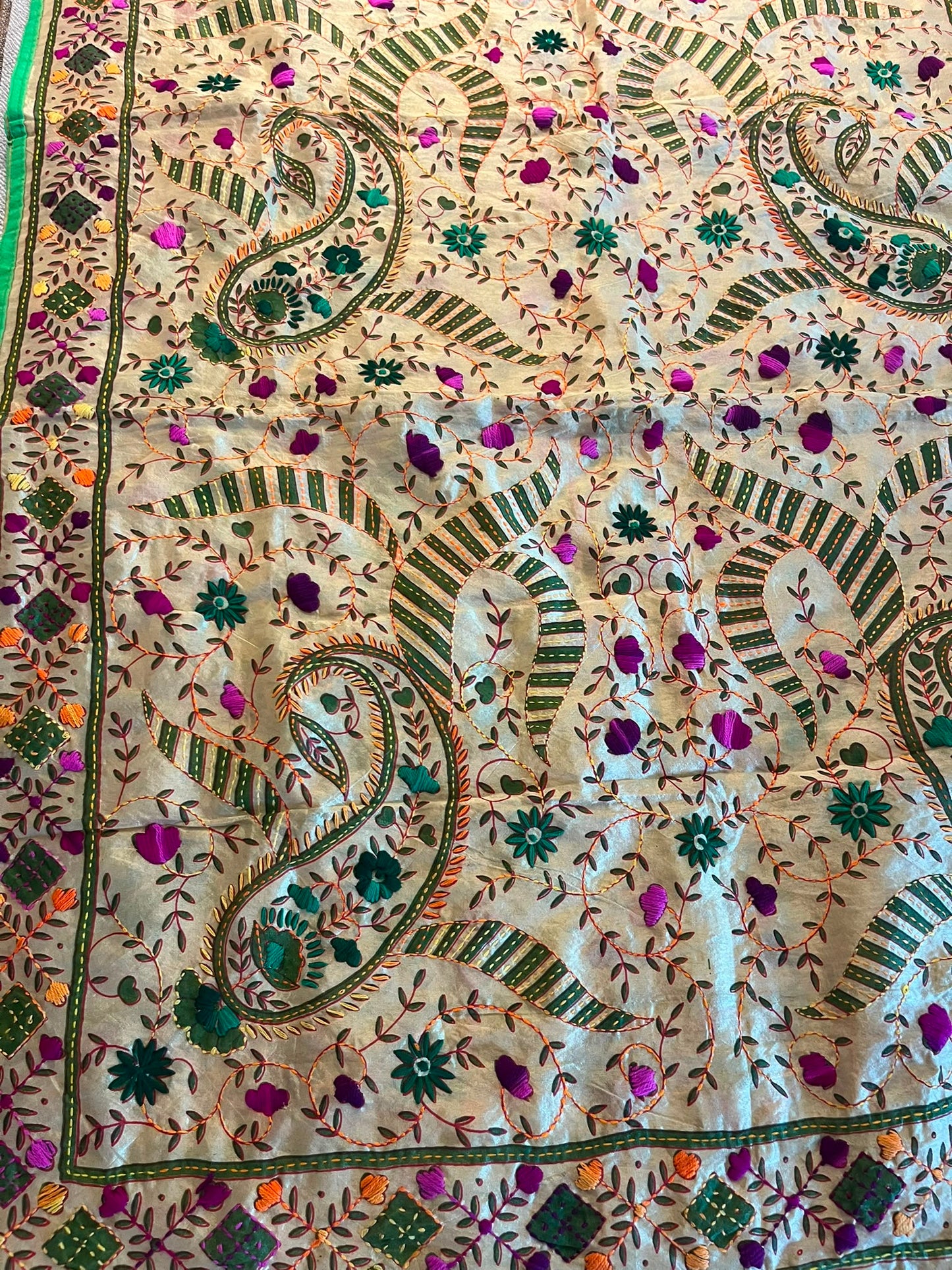 Hand Embroidered Tussar Silk Scarf: Floral Kantha Work Dupatta