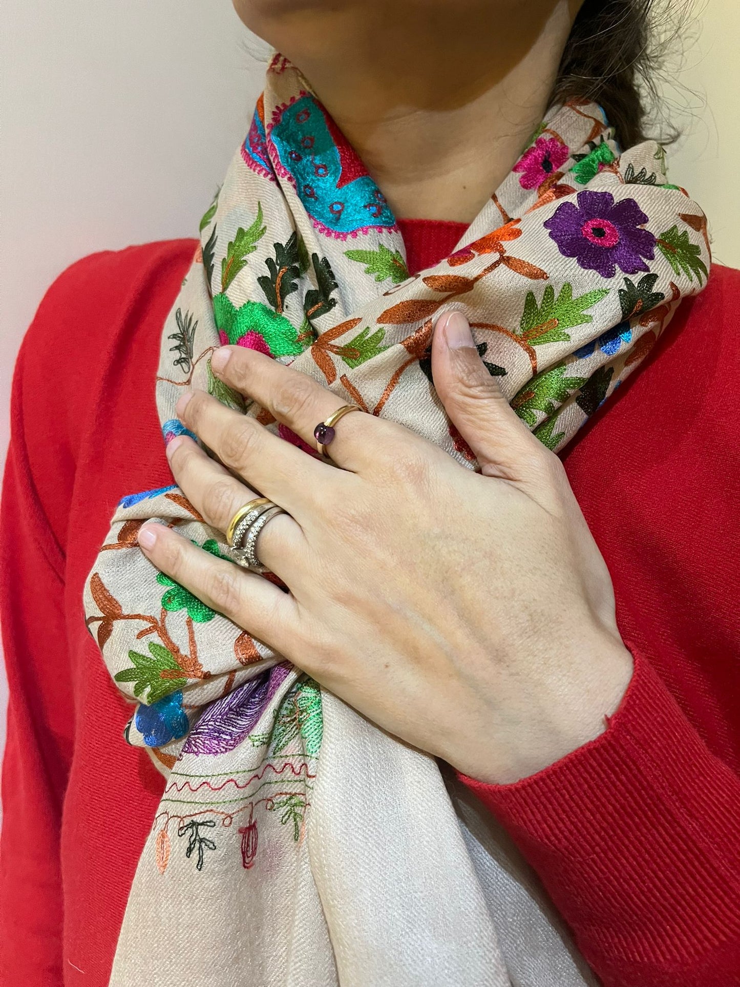 Cashmere Wool Shawl Hand Embroidered Kashmir | Folk ArtWrap | Wedding Gift Heirloom Textile