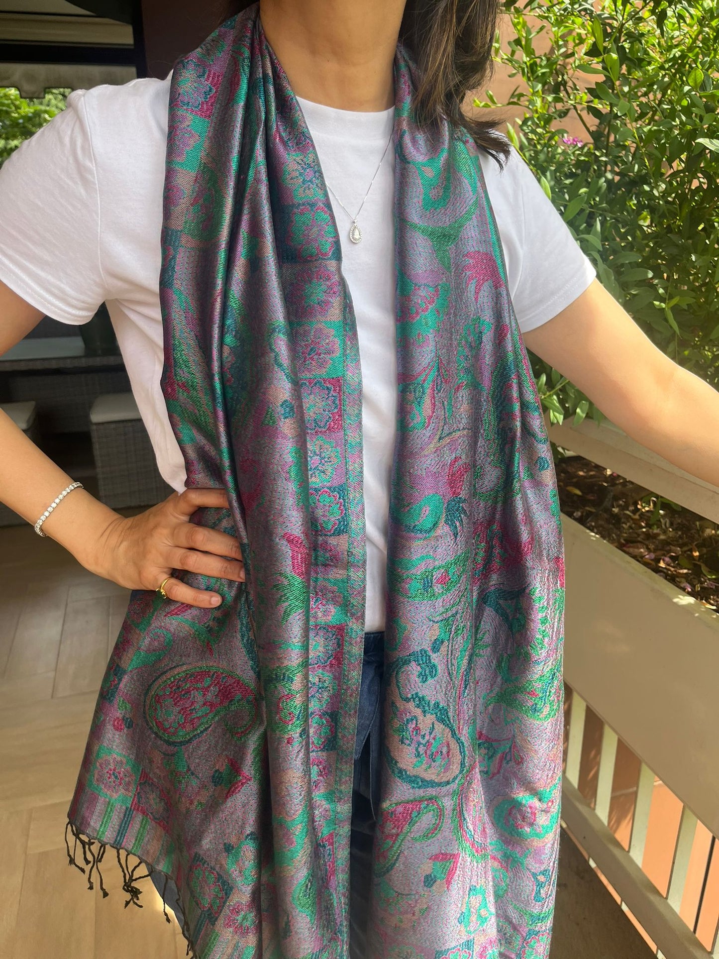 Beautiful multicoloured  self weave Paisley Silk stole / scarf perfect for all season . Very light and comfortable to carry