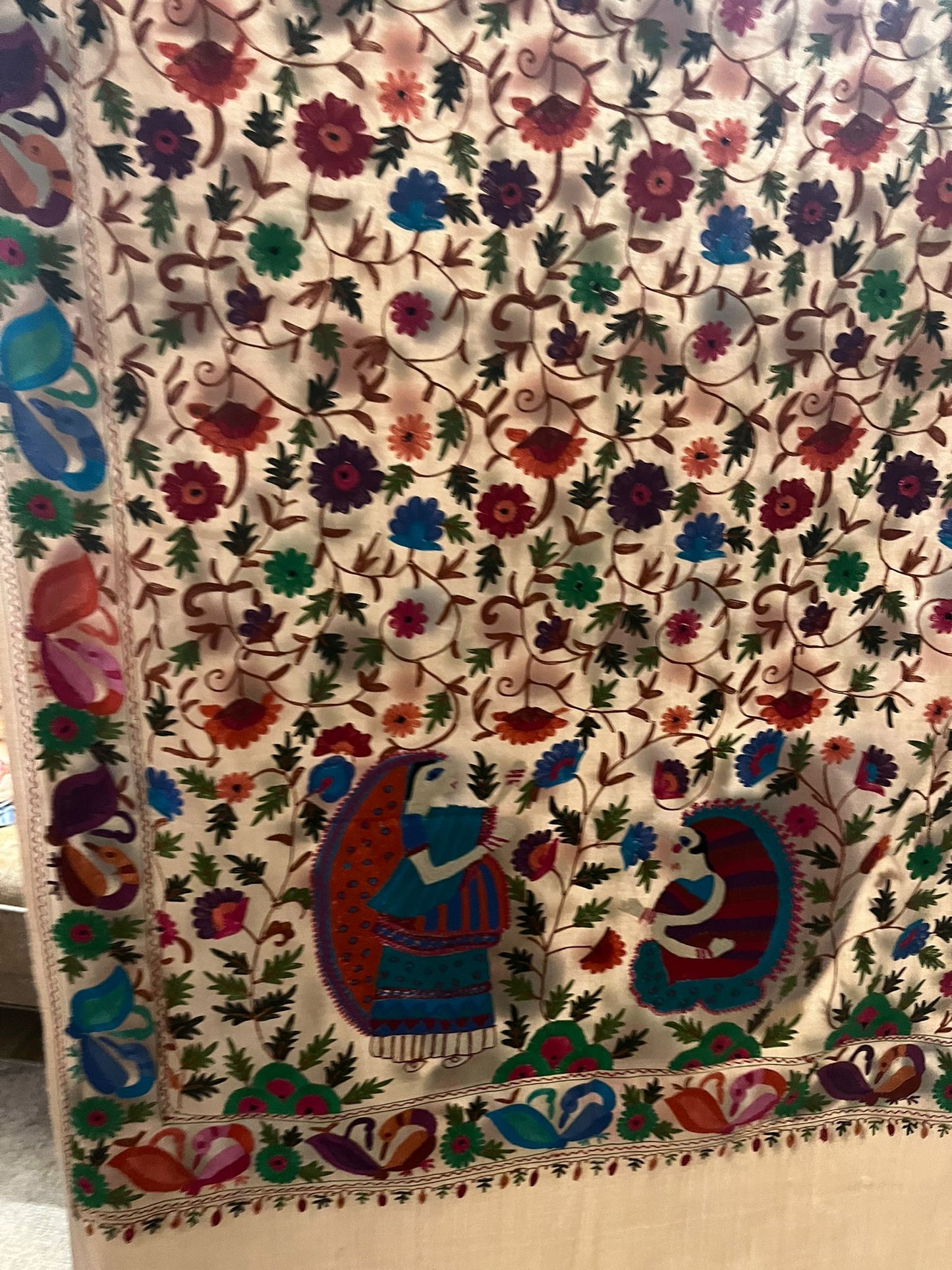 Cashmere Wool Shawl Hand Embroidered Kashmir | Folk ArtWrap | Wedding Gift Heirloom Textile