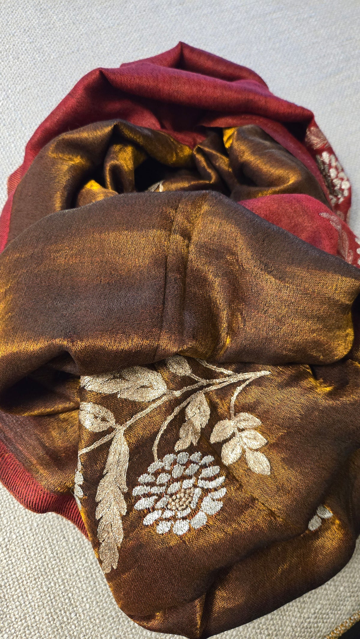 Golden Zari Embroidered Silk Stole in Red Wine & Gold | Two-Tone Lightweight Scarf for Women