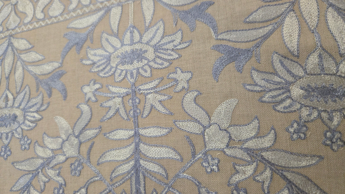 Hand Finished Woven Scarf: beige and light blue Kanni  Pashmina Feel