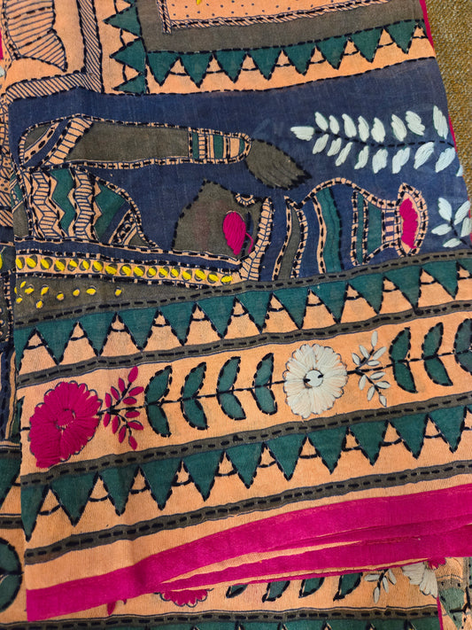 Handmade kantha dupatta shawl soft cotton hand embroidered figure and   floral work shawl/ foulard/scarf /stole for spring summer collection