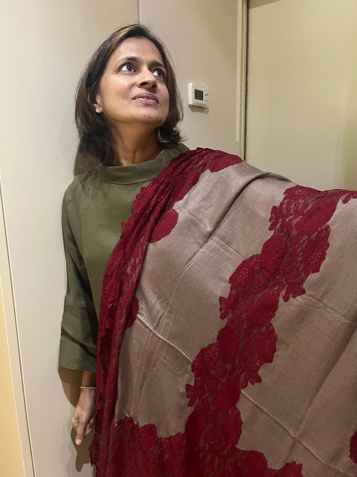 Semi Pashmina Stole with Net Lace Border | Handwoven Artisan Made Luxury Shawl in Red & Brown