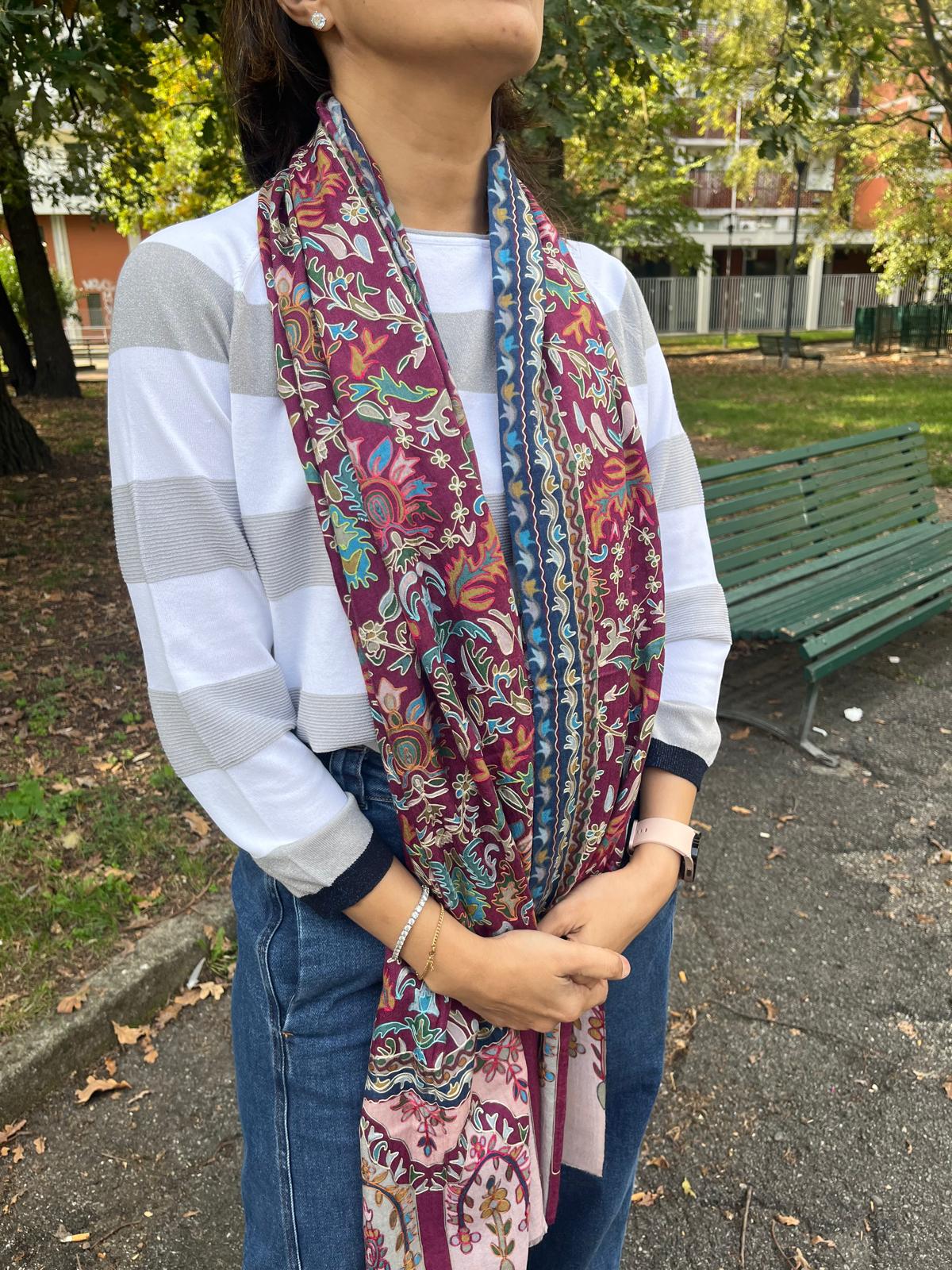 Embroidered Pashmina-Style Wool Shawl in Maroon | Multicolour Floral Digital Embroidery Painted-Look Shawl