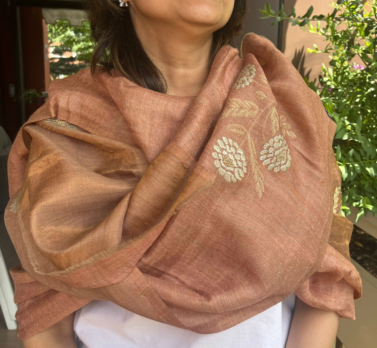 Beautiful two shades golden zari and  peach colour  Silk stole / scarf hand made perfect for all season . Very light and comfortable to car