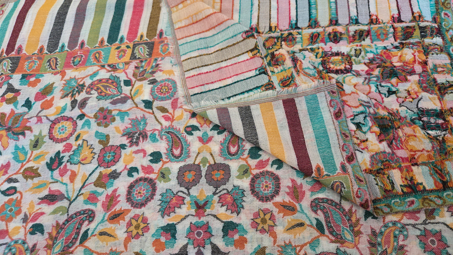 Handmade Kanni Weave Pashmina Shawl:  Wool floral  Scarf/ Shawl