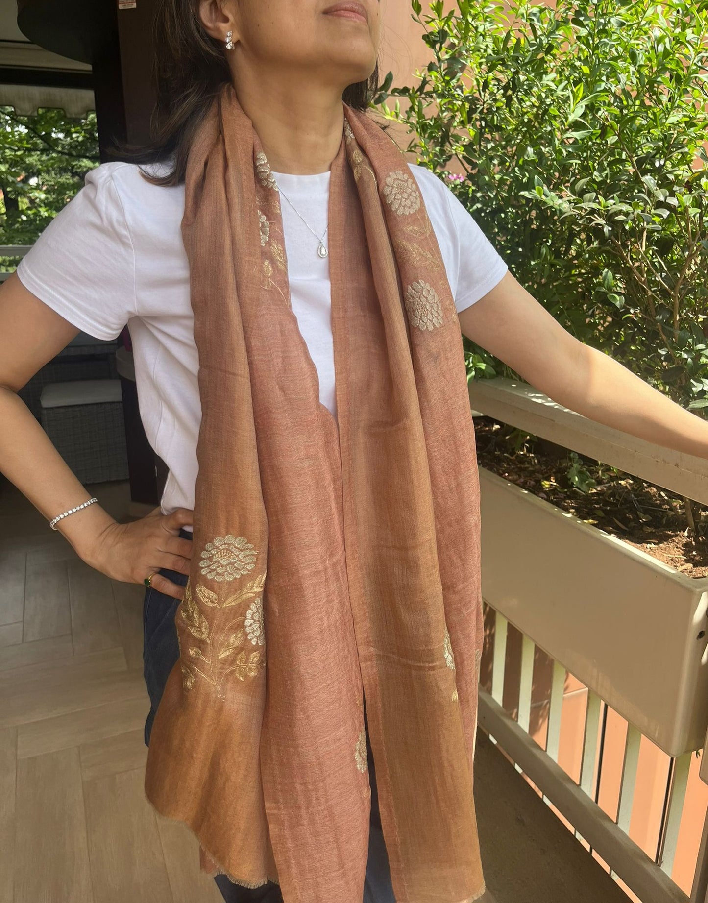 Beautiful two shades golden zari and  peach colour  Silk stole / scarf hand made perfect for all season . Very light and comfortable to car