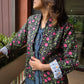 Indian Handmade Kantha Reversible Short Length  All Season Bohemian Jacket  in black and pink floral print.
