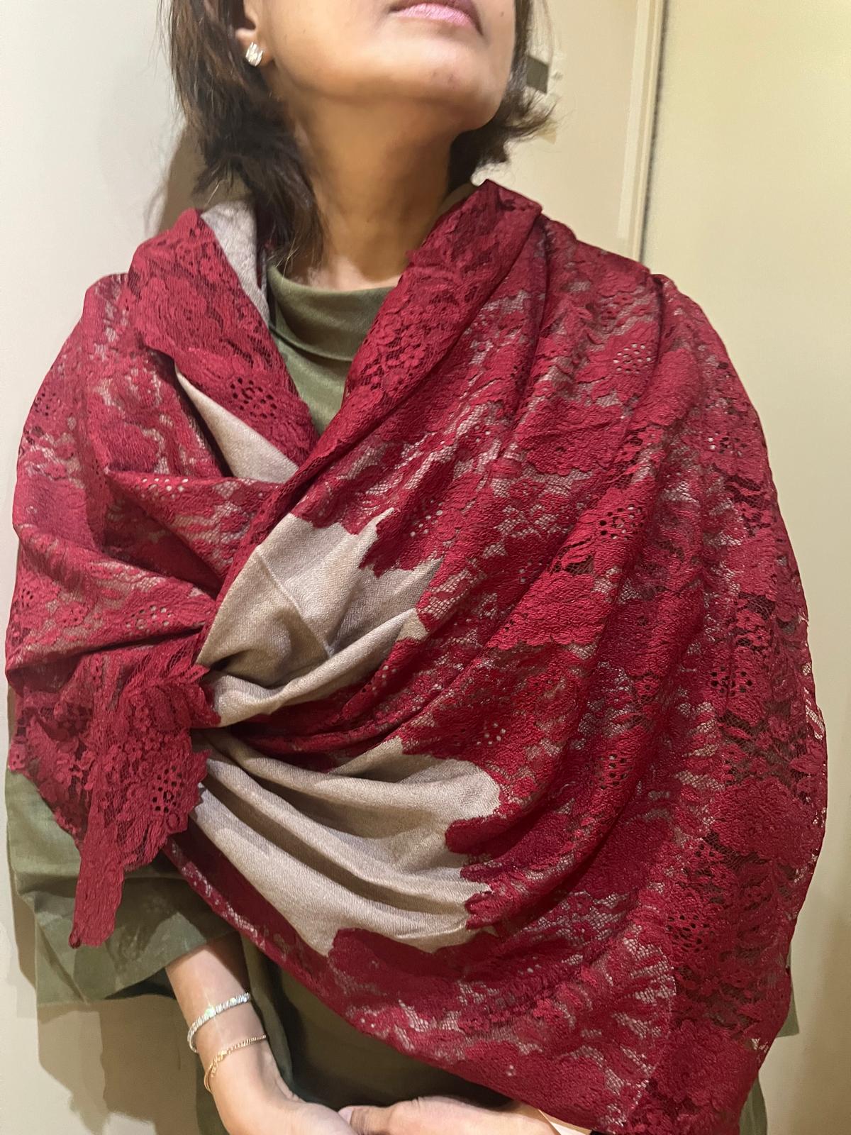 Semi Pashmina Stole with Net Lace Border | Handwoven Artisan Made Luxury Shawl in Red & Brown