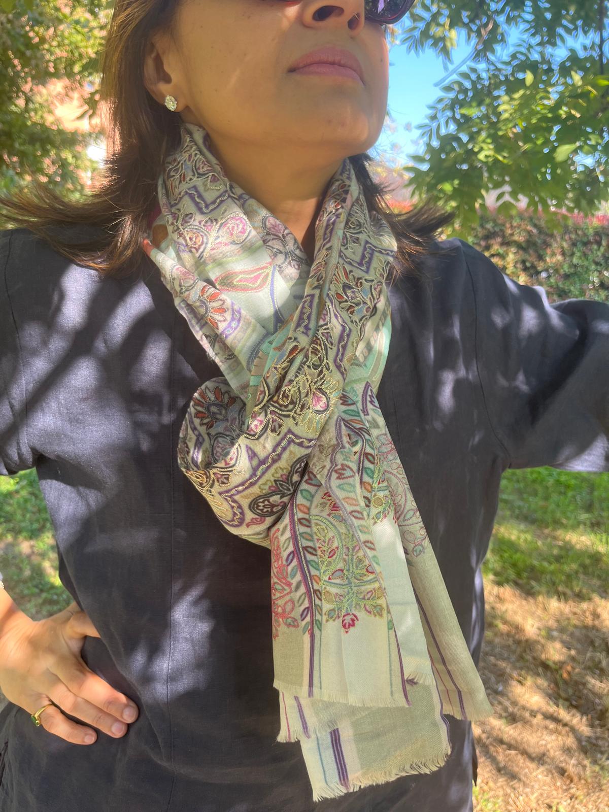 Digital Embroidered Painted Pashmina-Style Scarf in Light Grey | Multicolour Floral Wool Shawl
