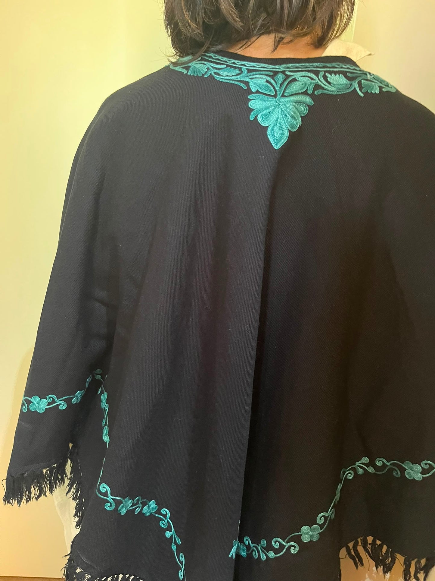 Handmade black  Kashmiri Embroidered Wool Poncho Cape