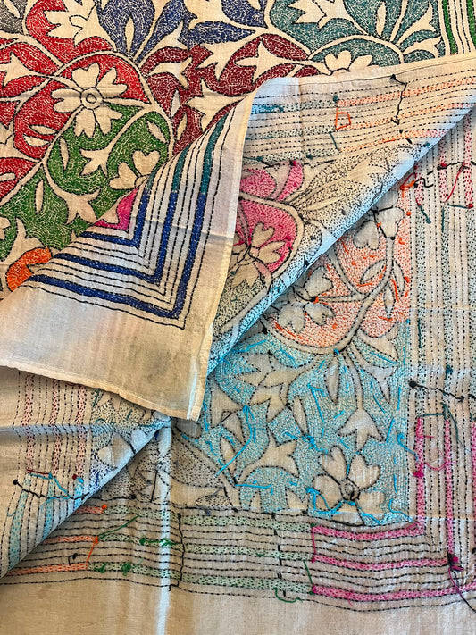 Hand-Embroidered Tusar Silk Stole: Hand-Painted Kantha Stitch