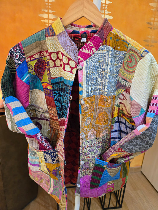 Indian Handmade Kantha Reversible Short Length  All Season Bohemian Jacket multicolour suitable in summer