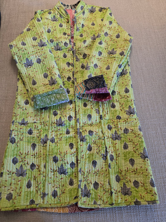 Indian Handmade Kantha Reversible long Length  All Season Bohemian Jacket  in light green  and rainbow colours