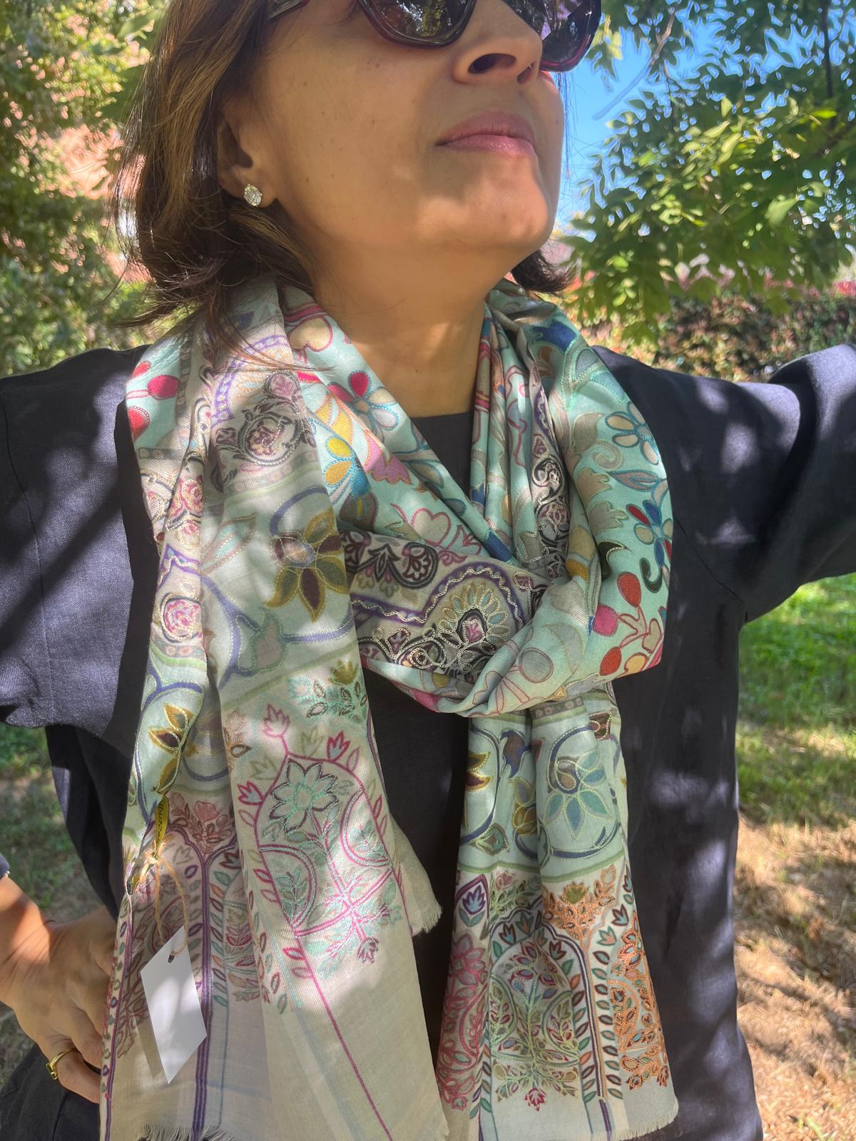 Digital Embroidered Painted Pashmina-Style Scarf in Light Grey | Multicolour Floral Wool Shawl
