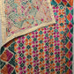 Handmade elegant Phulakari stole  beige and multicolour  with golden border from Punjab Phulkari thread work