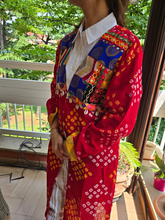 Red Cotton bandhej and patchwork Shrug with hand Embroidery, Long Embroidered  fusion wear for Women