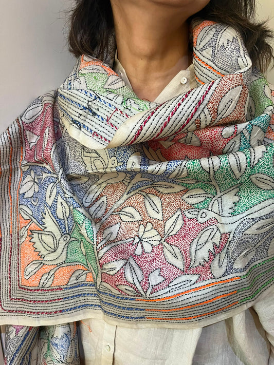 Hand-Embroidered Tusar Silk Stole: Hand-Painted Kantha Stitch