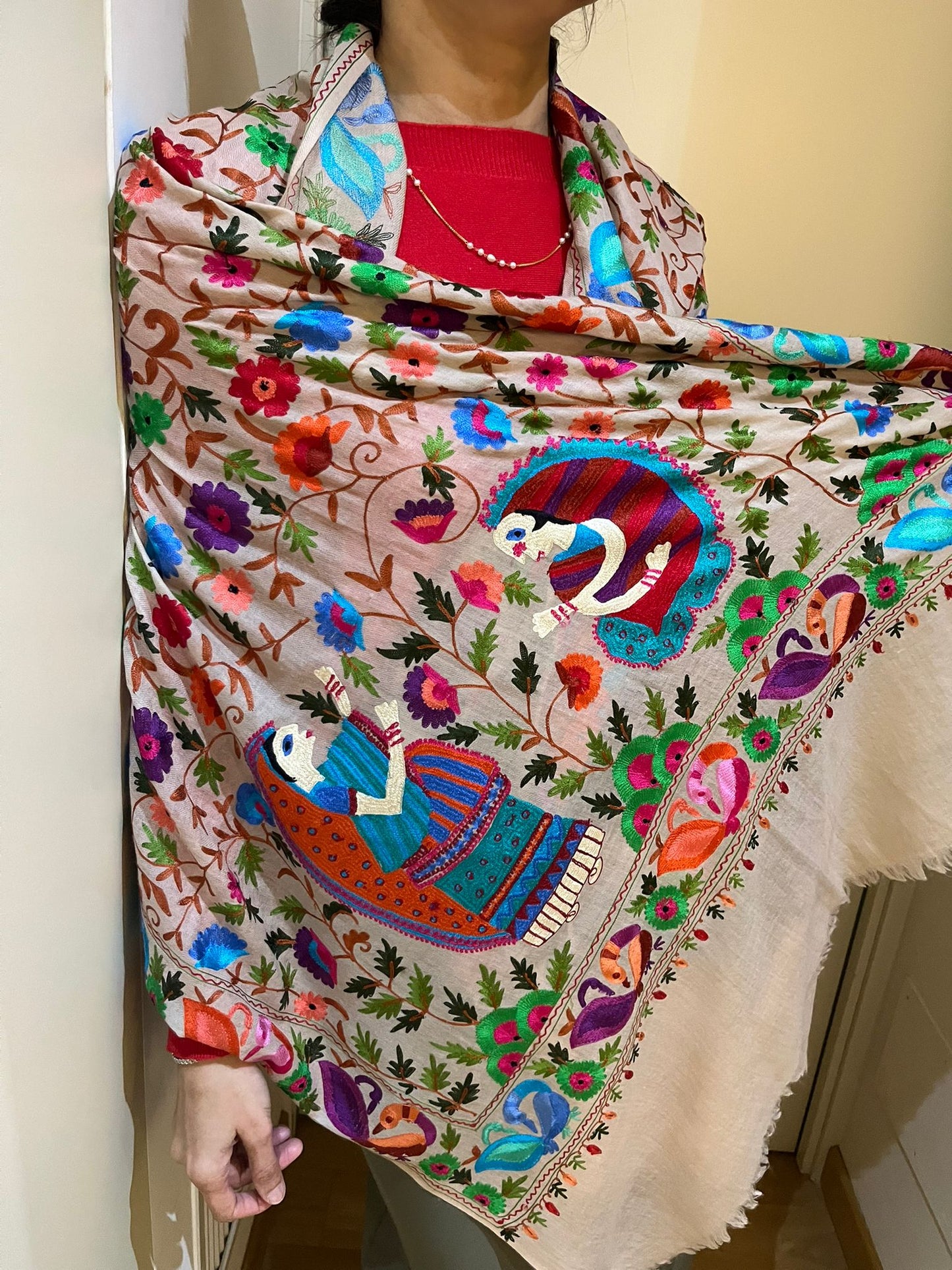 Cashmere Wool Shawl Hand Embroidered Kashmir | Folk ArtWrap | Wedding Gift Heirloom Textile