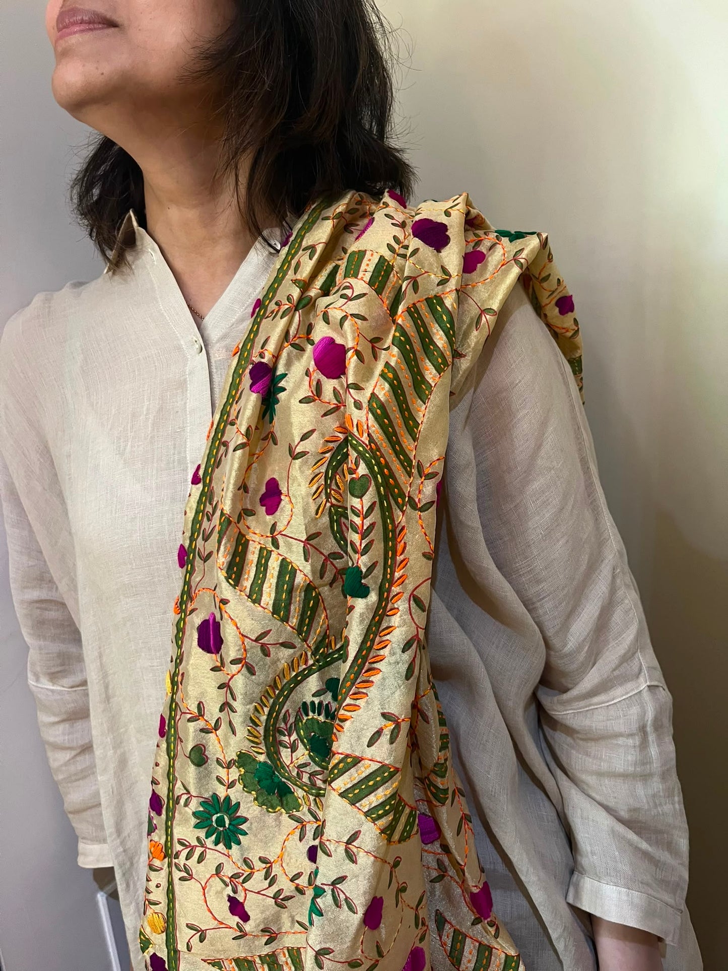 Hand Embroidered Tussar Silk Scarf: Floral Kantha Work Dupatta