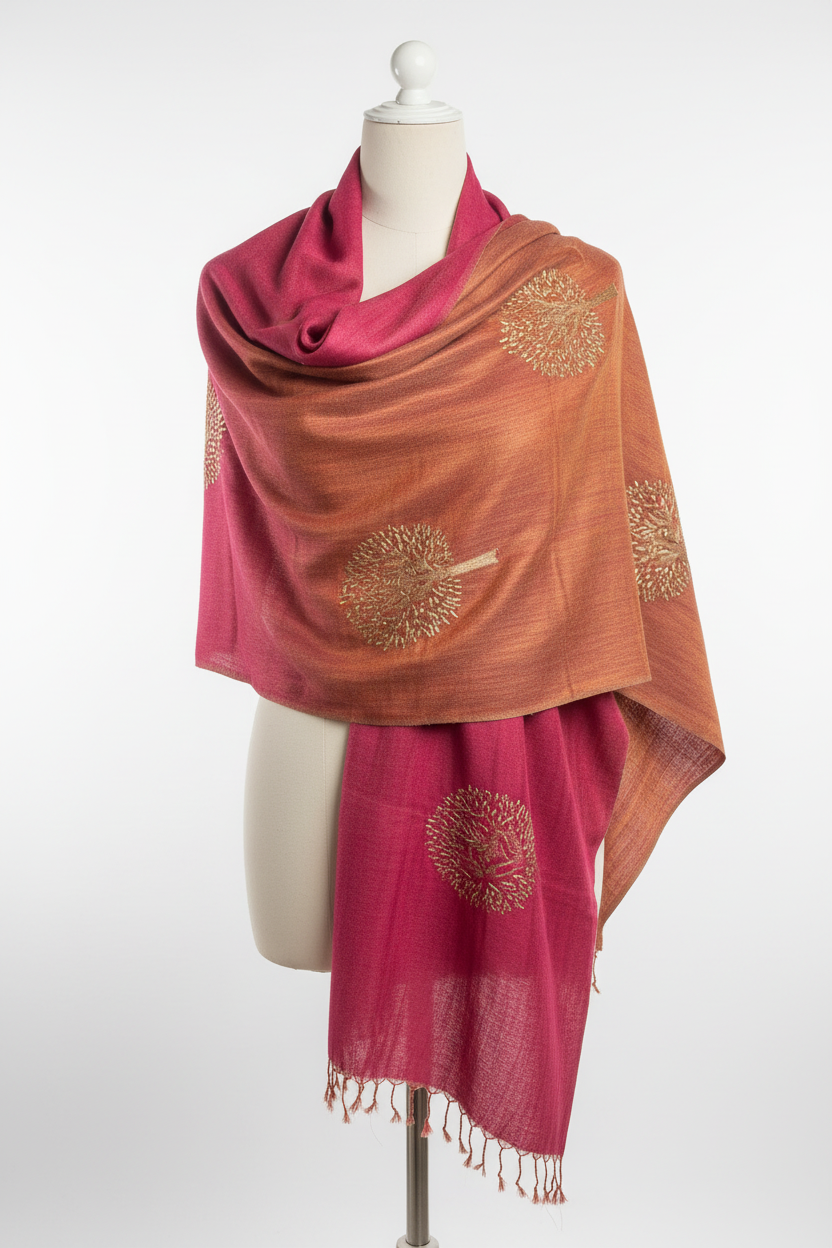 Meadow Whisper: Pink-Gold Soft Silk Scarf with Zari Tree Embroidery