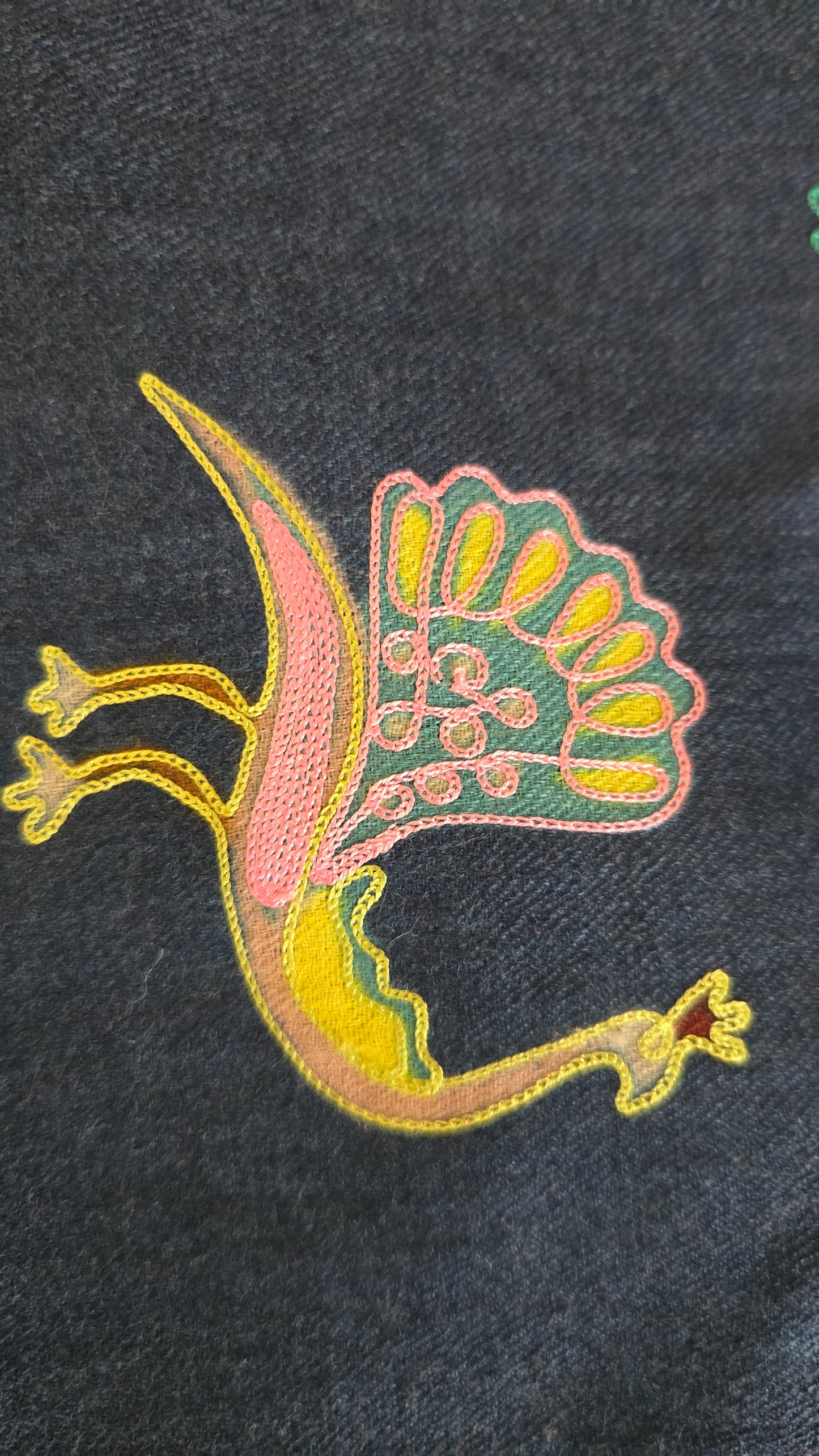 Artisan made embroidered Pashmina wool shawl:  digital embroidery with bird figures