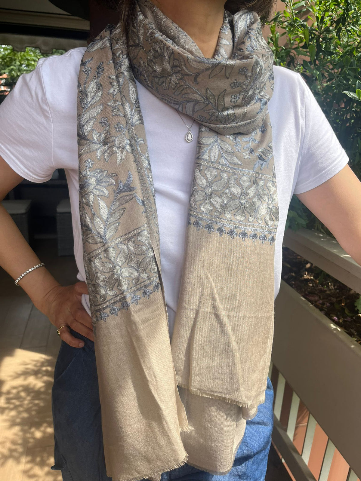 Antique Beige & Sapphire: Feather-Soft Woven Floral Shawl