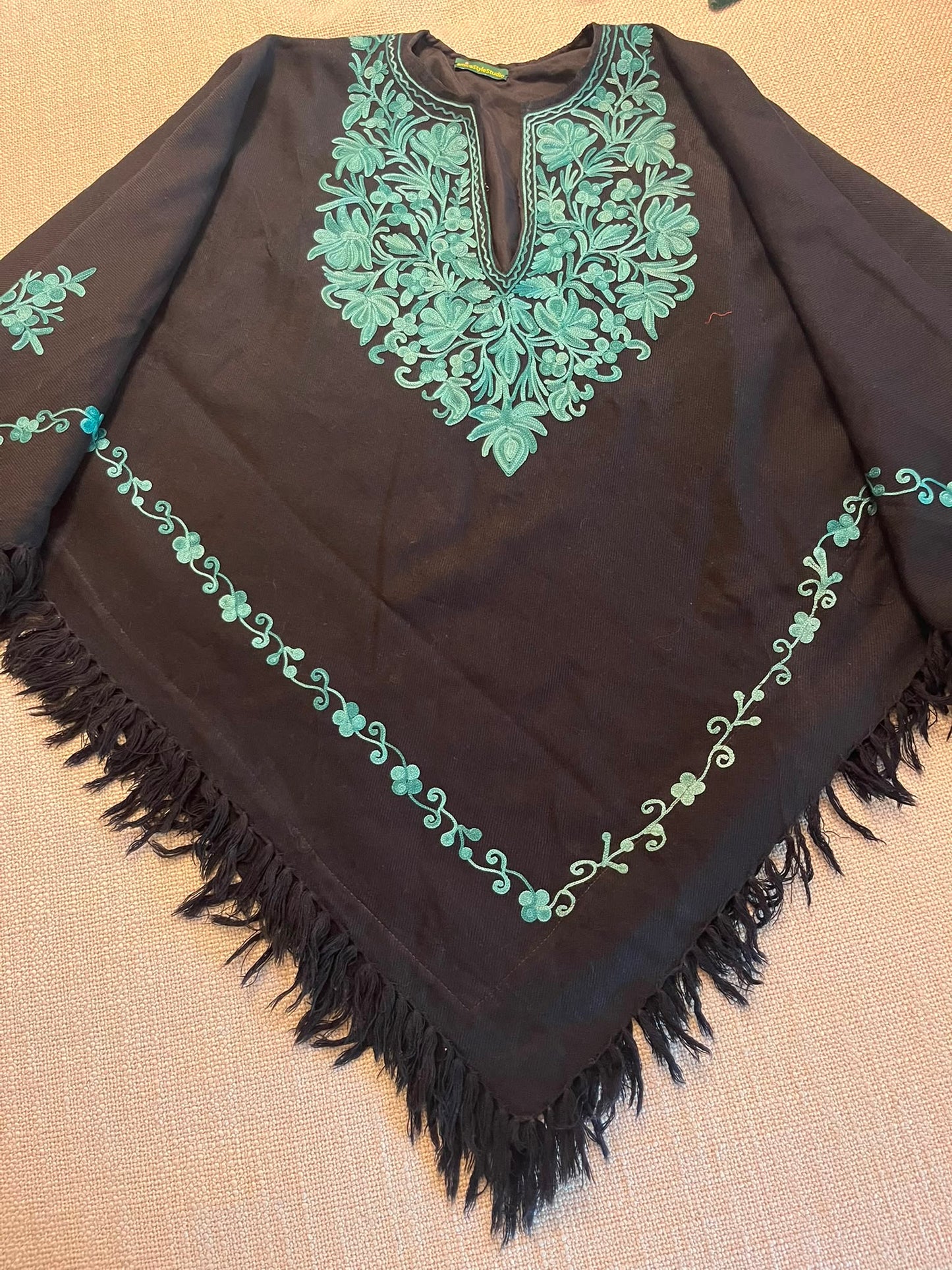 Handmade black  Kashmiri Embroidered Wool Poncho Cape