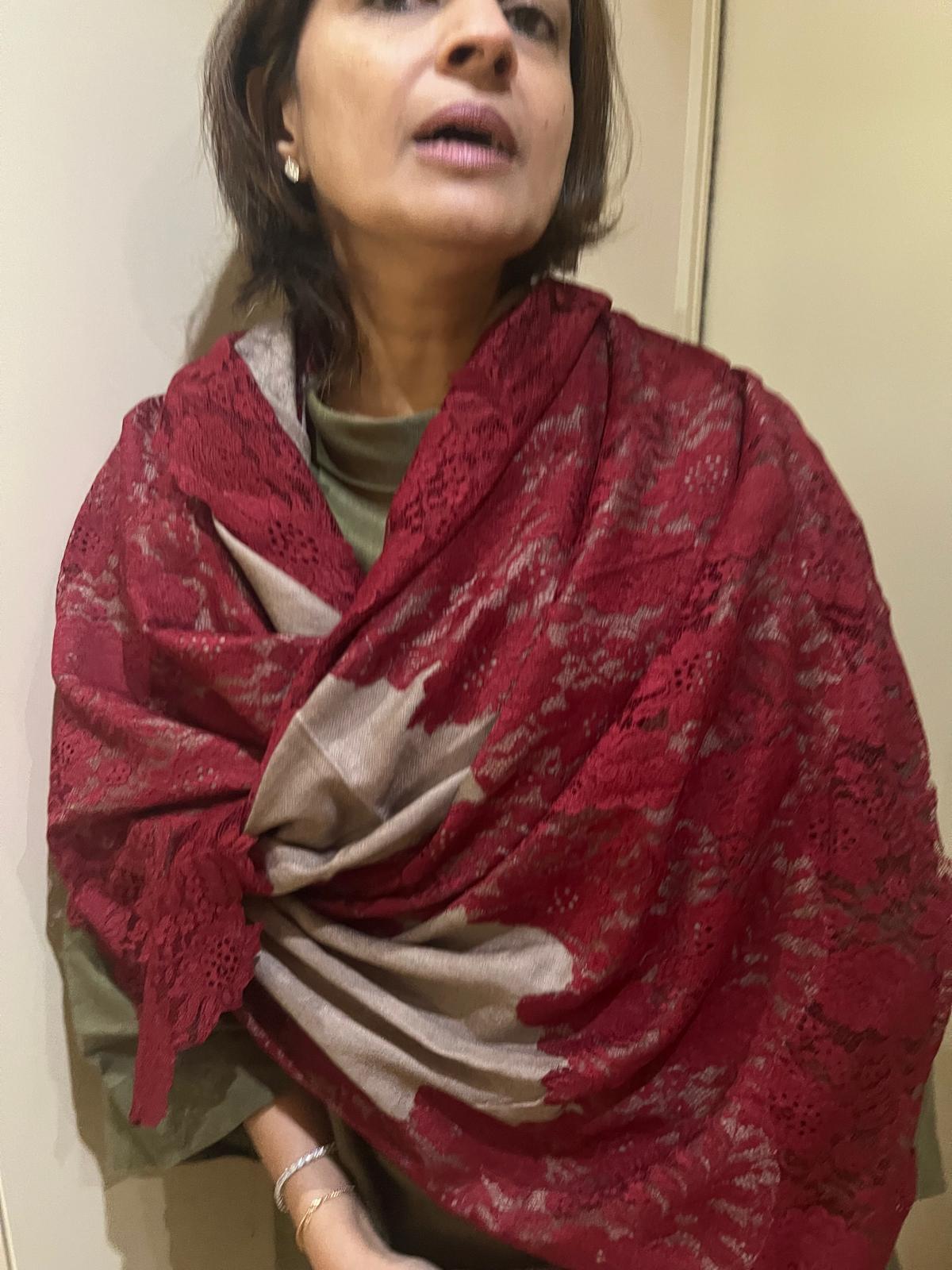 Semi Pashmina Stole with Net Lace Border | Handwoven Artisan Made Luxury Shawl in Red & Brown