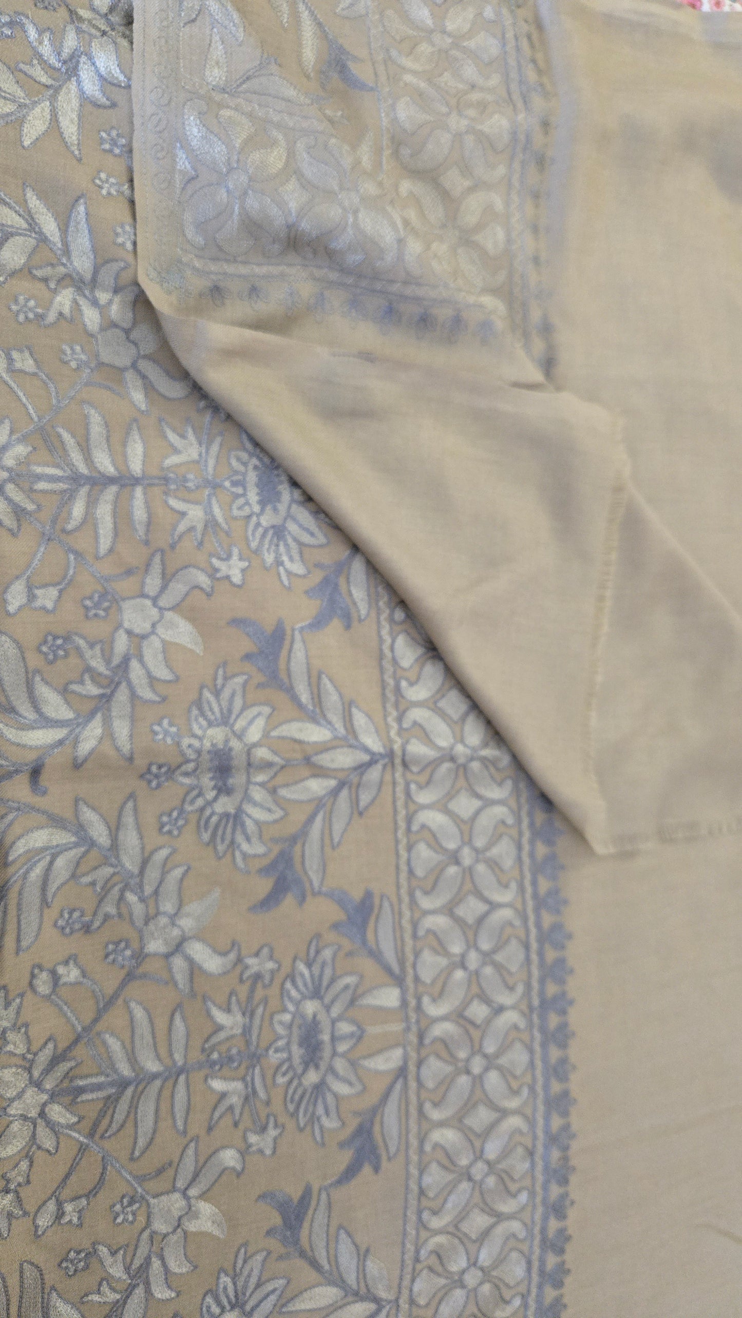 Hand Finished Woven Scarf: beige and light blue Kanni  Pashmina Feel