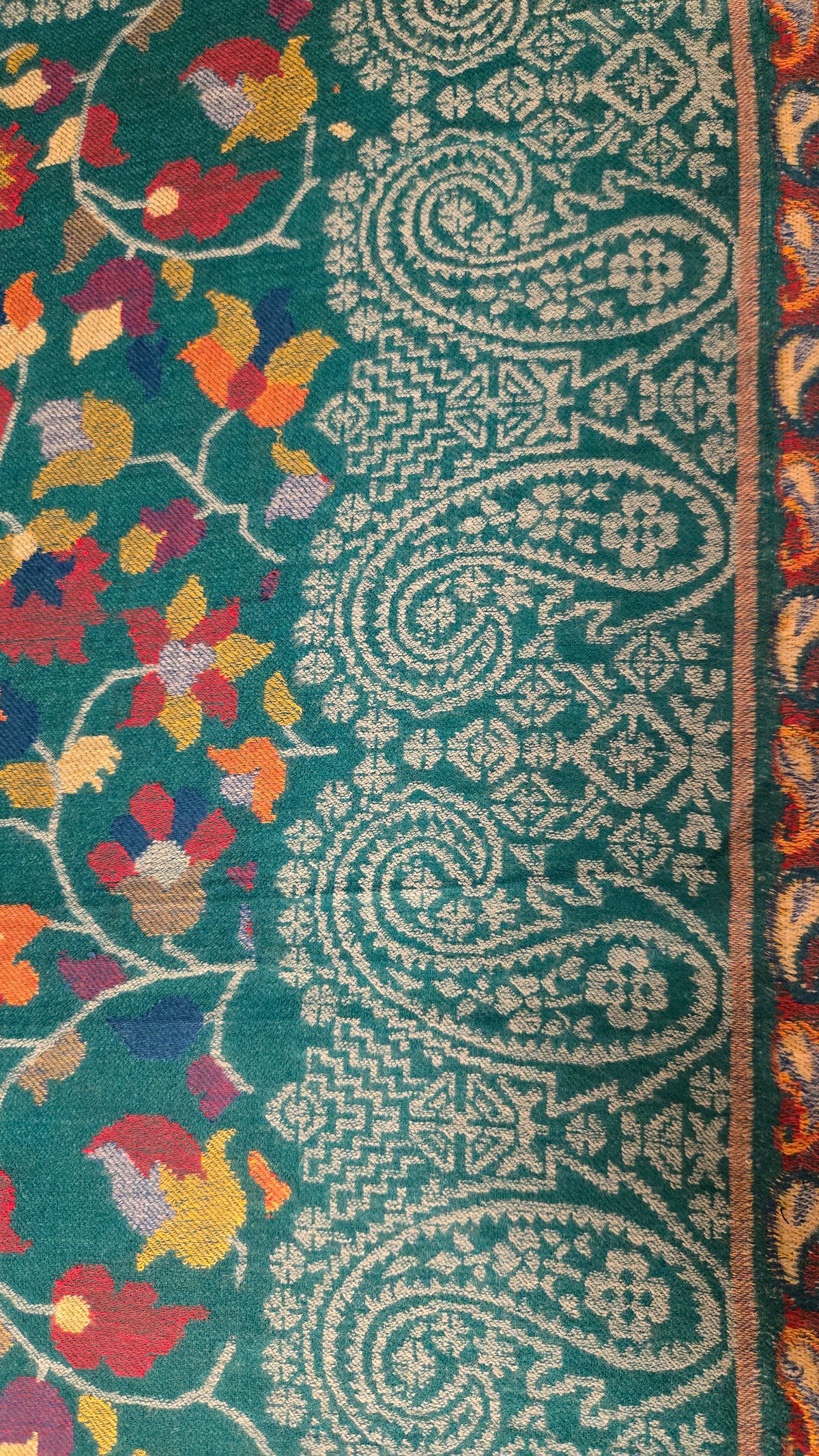 Artisan Made Kani Weave Paisley Shawl in Sea Green | Kashmiri Wool Pashmina-Style Scarf with Multicolour Flowers
