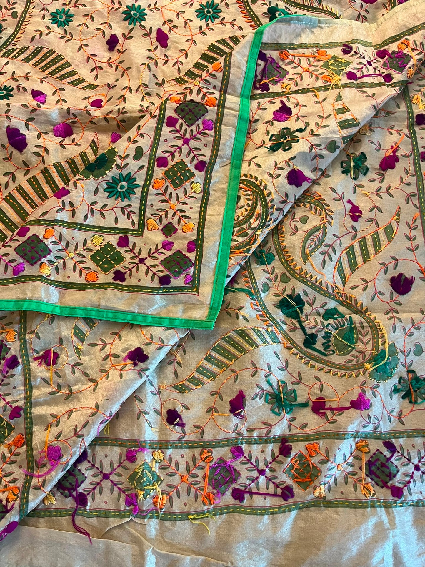Hand Embroidered Tussar Silk Scarf: Floral Kantha Work Dupatta
