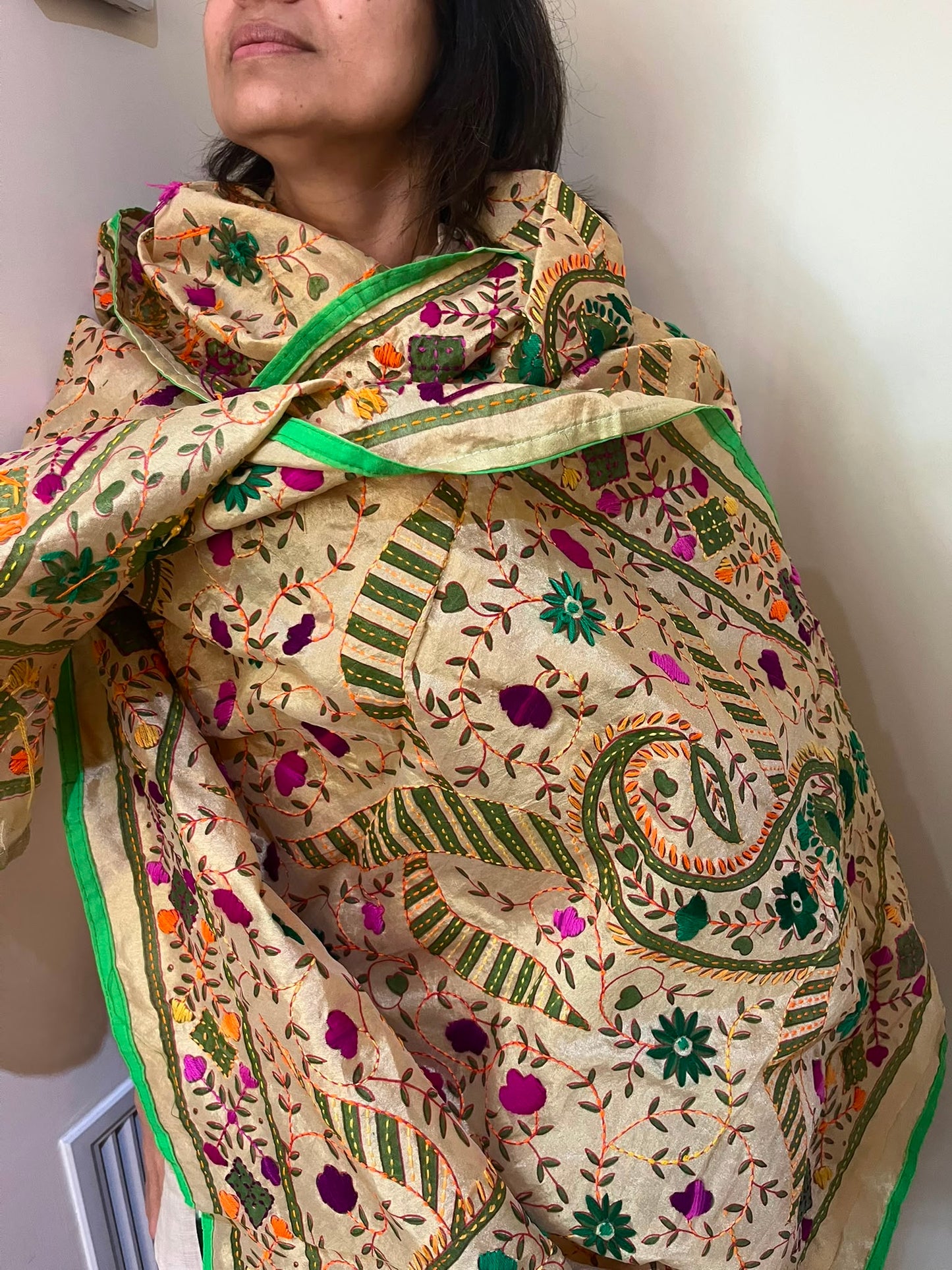Hand Embroidered Tussar Silk Scarf: Floral Kantha Work Dupatta