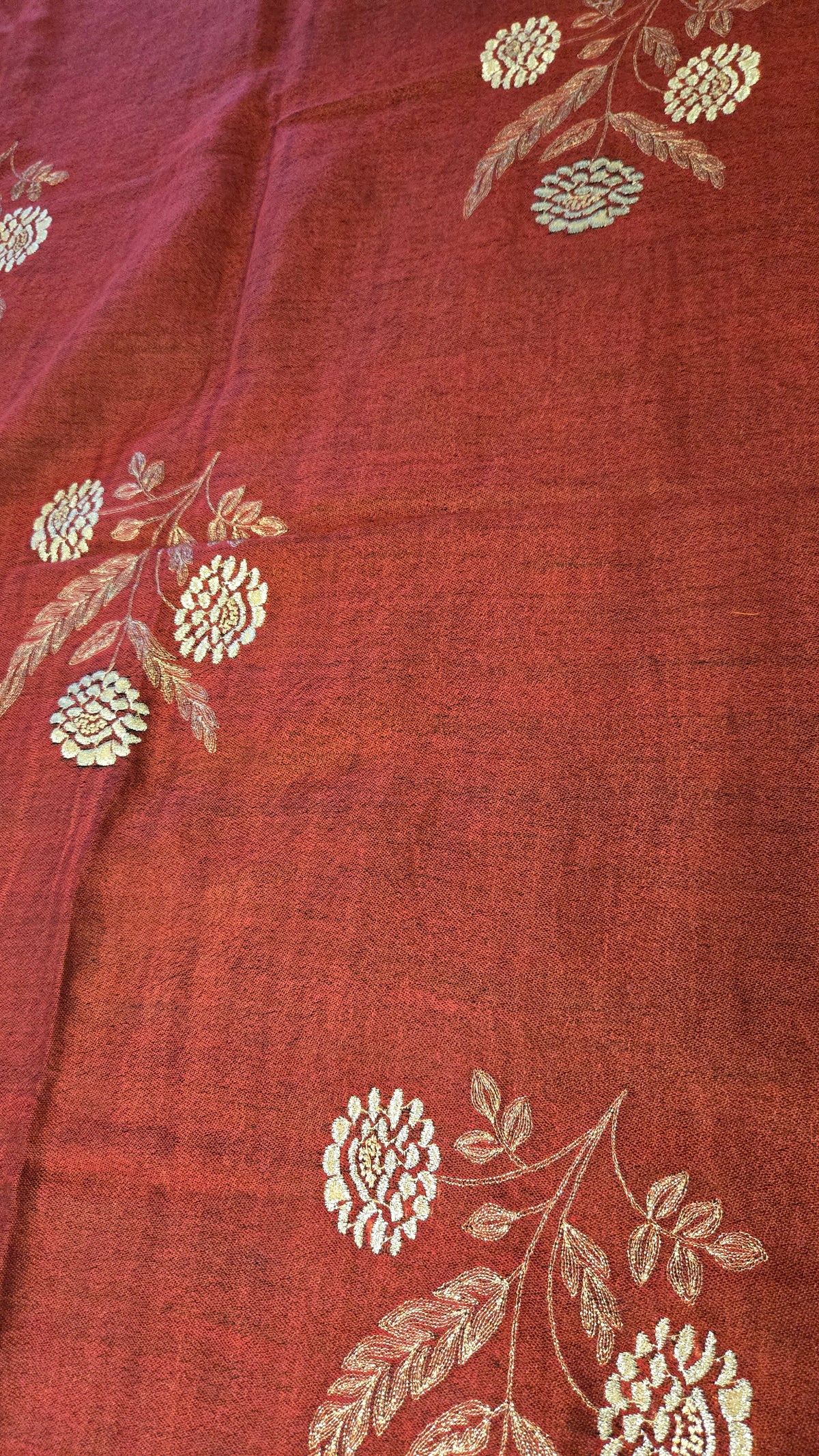Golden Zari Embroidered Silk Stole in Red Wine & Gold | Two-Tone Lightweight Scarf for Women