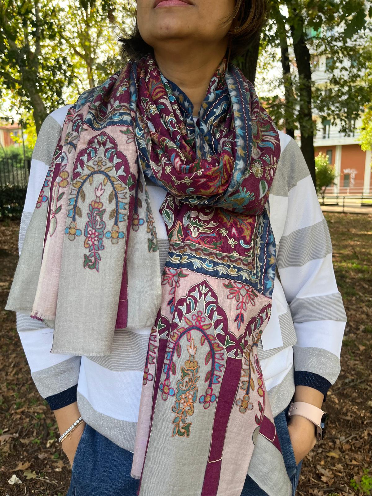 Embroidered Pashmina-Style Wool Shawl in Maroon | Multicolour Floral Digital Embroidery Painted-Look Shawl