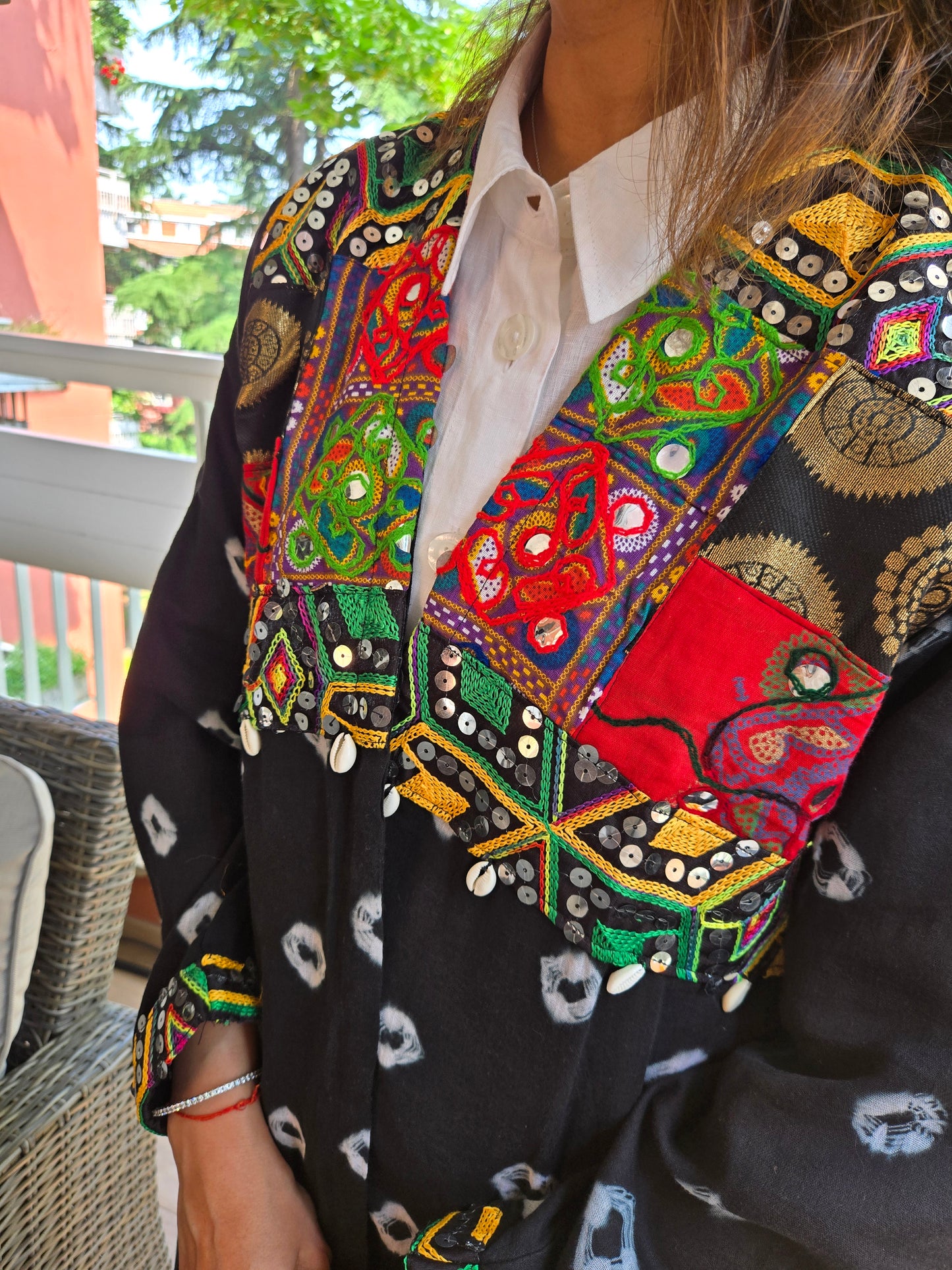 Black Cotton bandhej and patchwork Shrug with hand Embroidery, Long Embroidered  fusion wear for Women