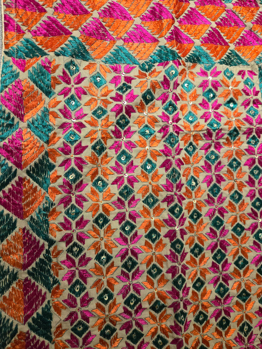 Handmade elegant Phulakari stole  beige and multicolour  with golden border from Punjab Phulkari thread work