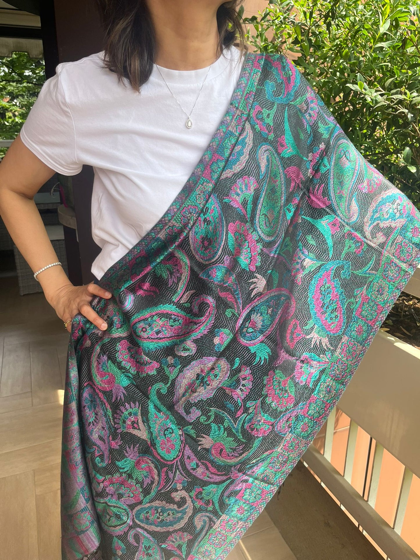 Beautiful multicoloured  self weave Paisley Silk stole / scarf perfect for all season . Very light and comfortable to carry