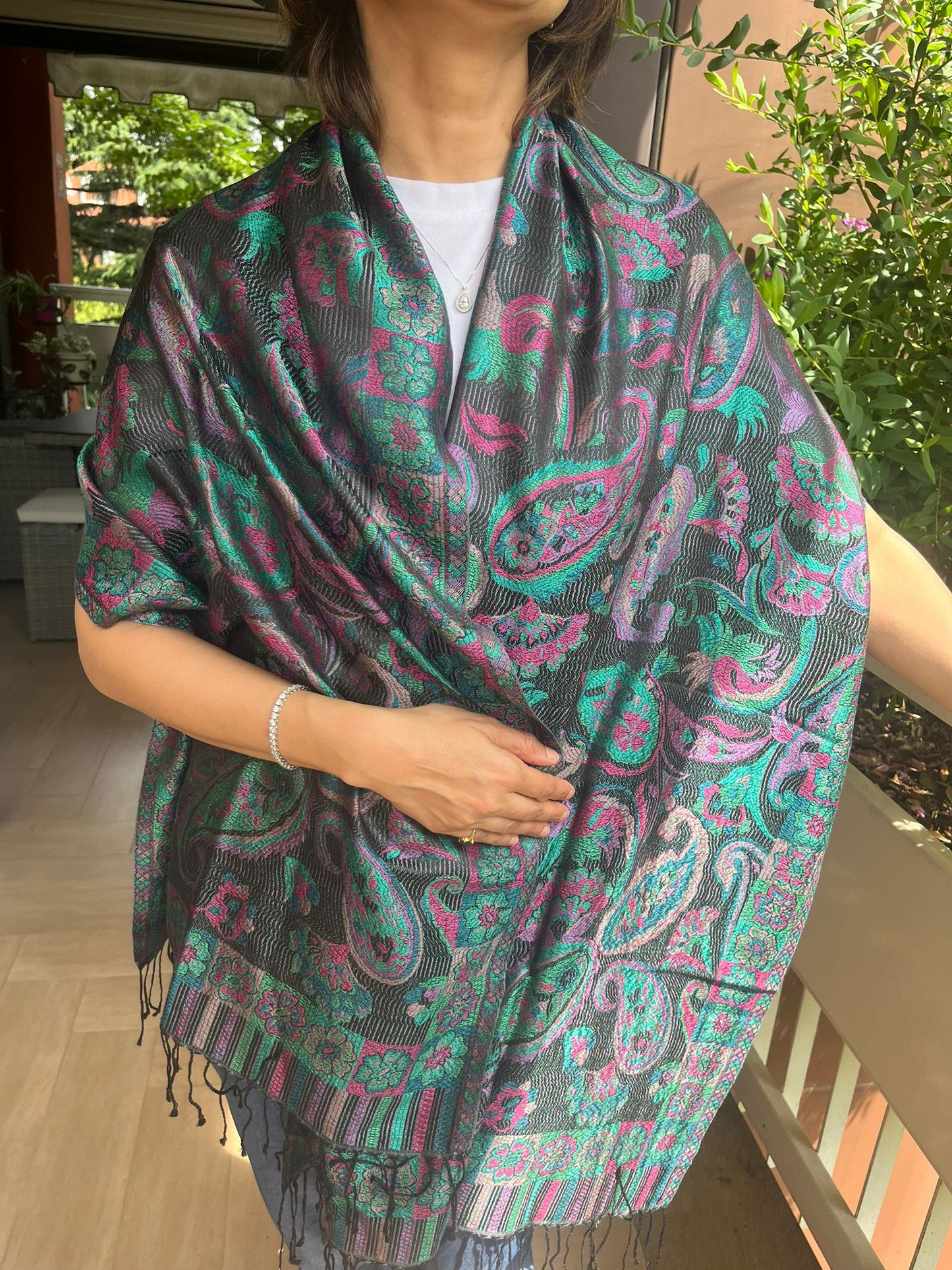 Beautiful multicoloured  self weave Paisley Silk stole / scarf perfect for all season . Very light and comfortable to carry