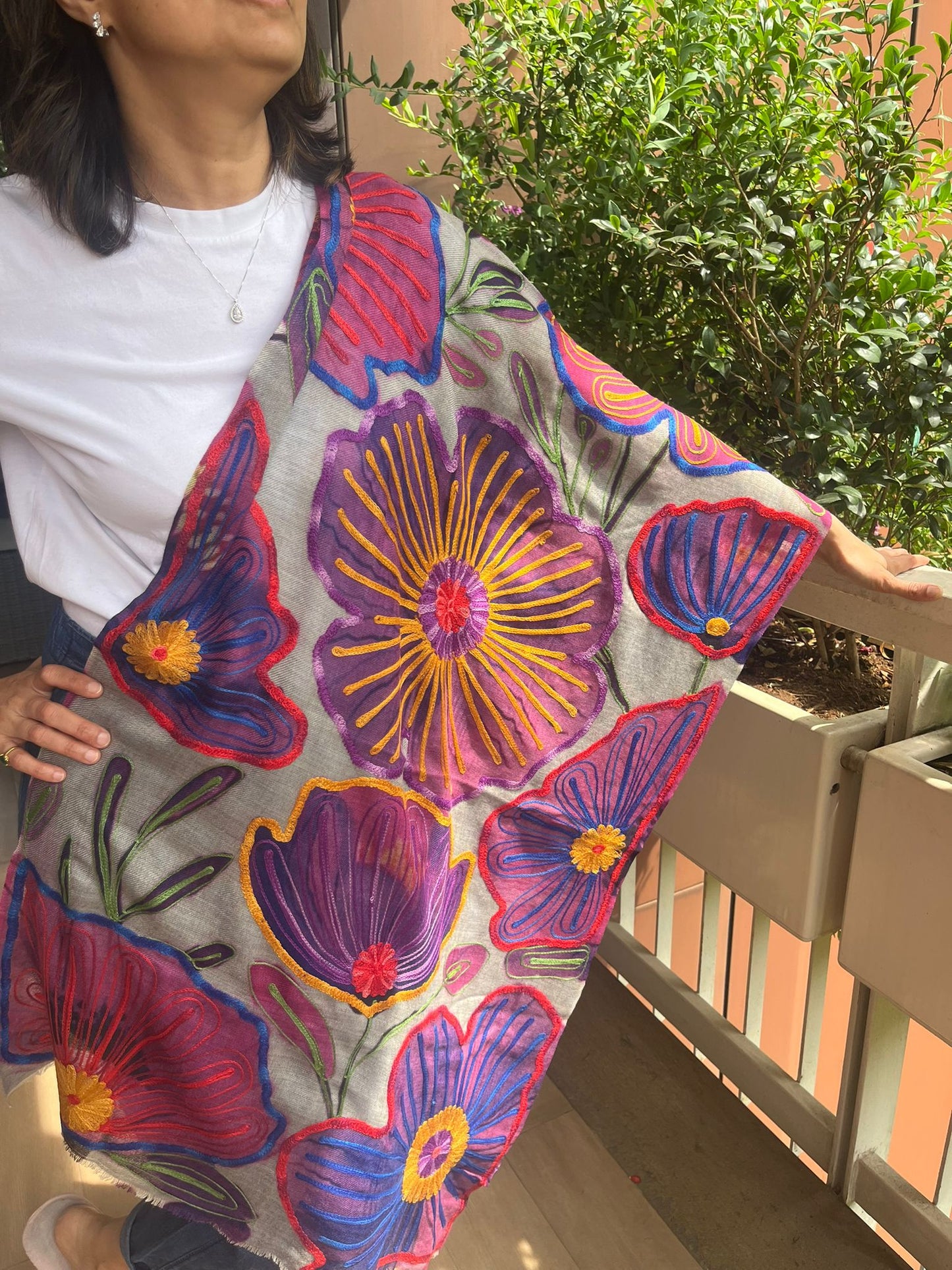 Pashmina  Wool Shawl Hand painted Embroidered Kashmir | Folk ArtWrap | Wedding Gift Heirloom Textile