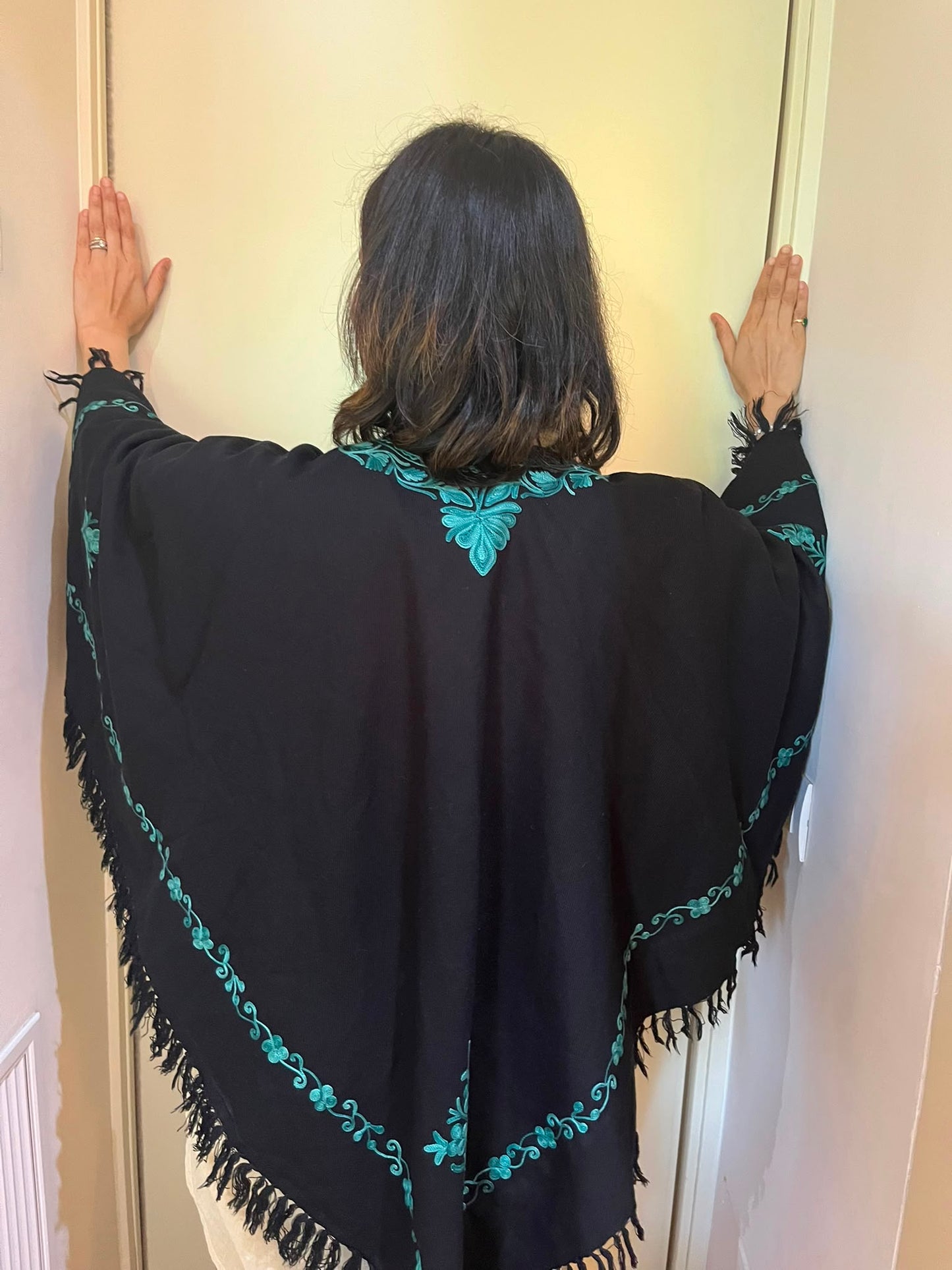Handmade black  Kashmiri Embroidered Wool Poncho Cape