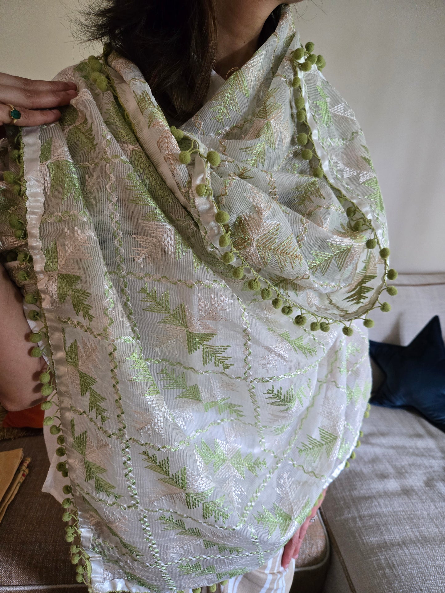 Handmade elegant Phulakari dupatta in white colour thread work in pure cotton  base traditionally made by rural Indian women of Punjab India