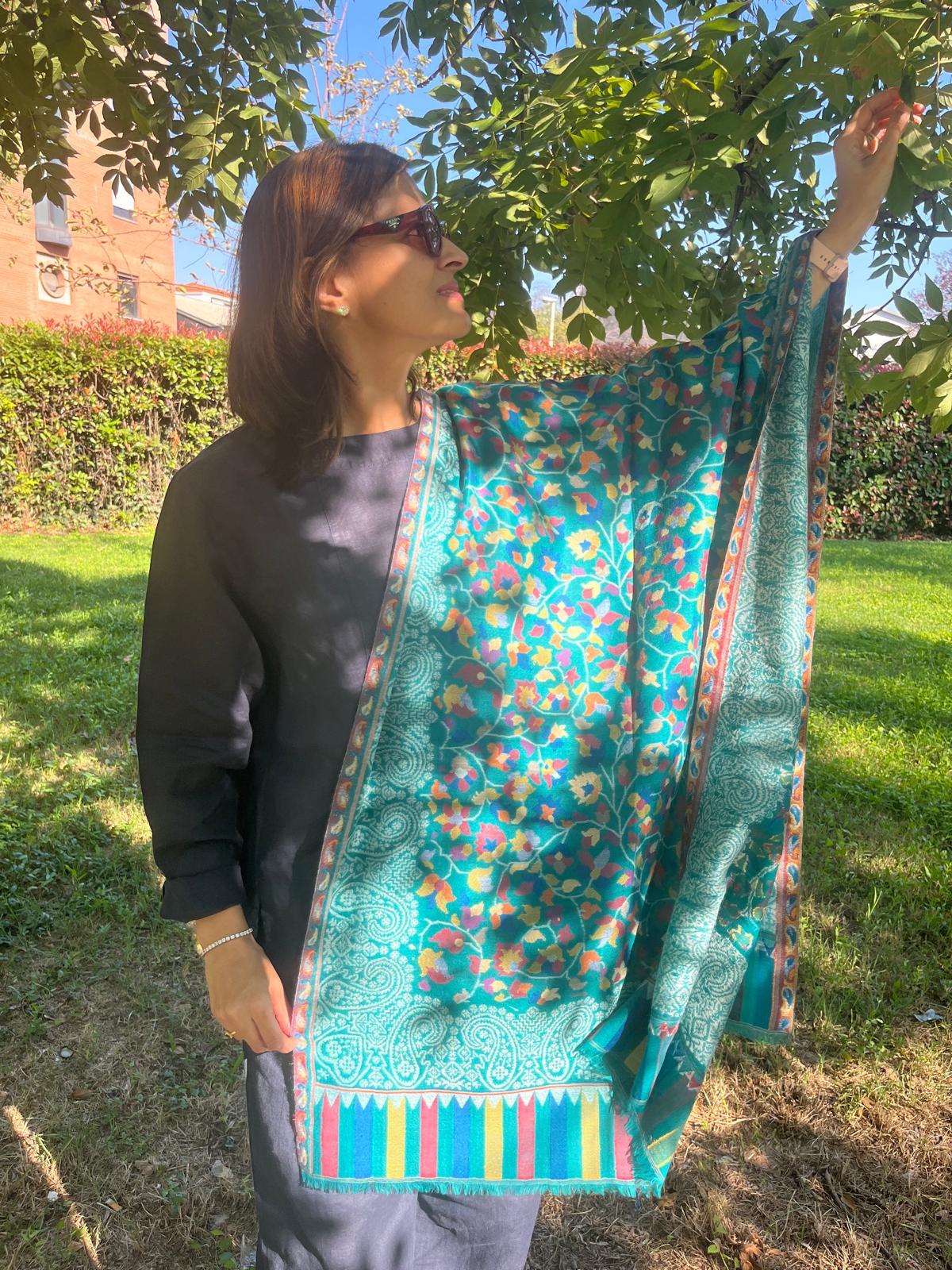 Artisan Made Kani Weave Paisley Shawl in Sea Green | Kashmiri Wool Pashmina-Style Scarf with Multicolour Flowers
