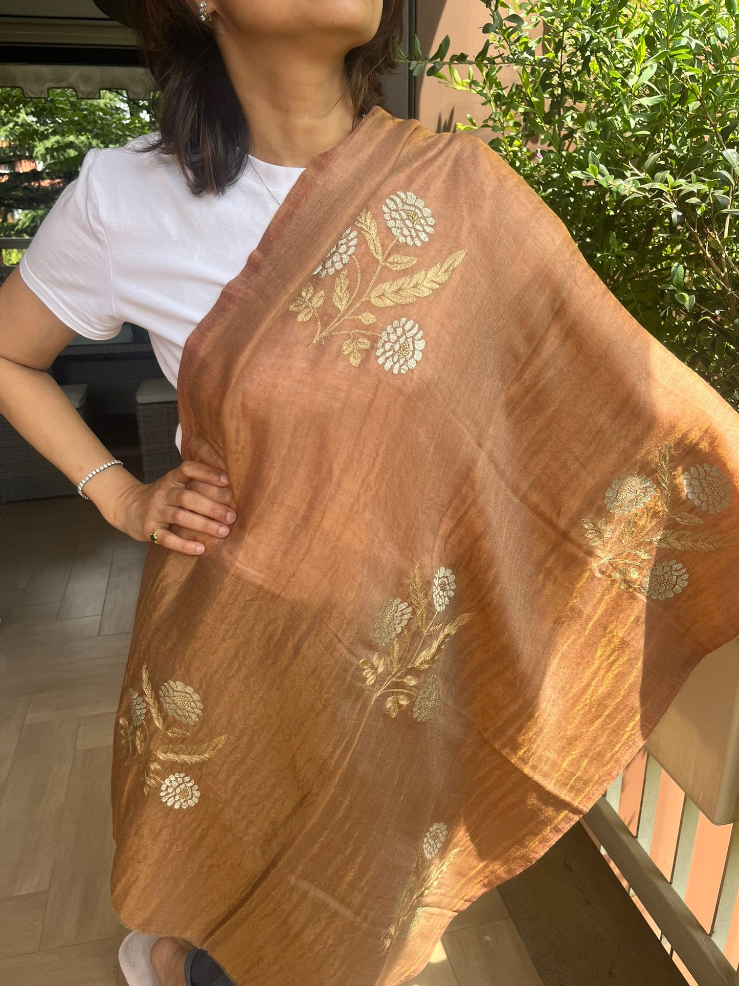Beautiful two shades golden zari and  peach colour  Silk stole / scarf hand made perfect for all season . Very light and comfortable to car