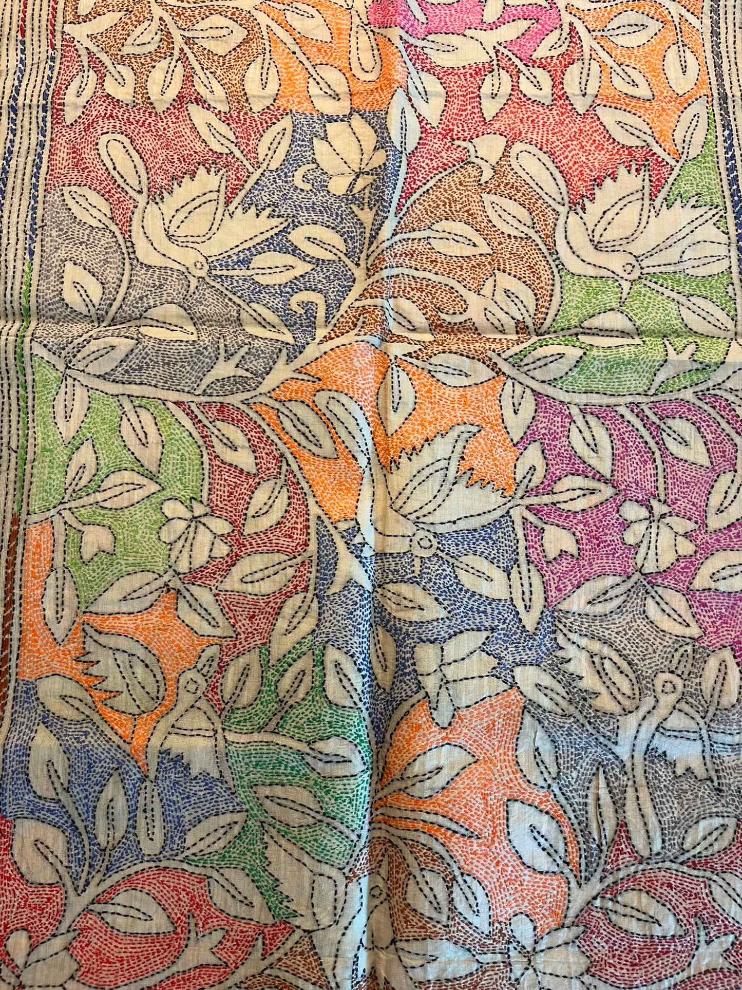 Hand-Embroidered Tusar Silk Stole: Hand-Painted Kantha Stitch
