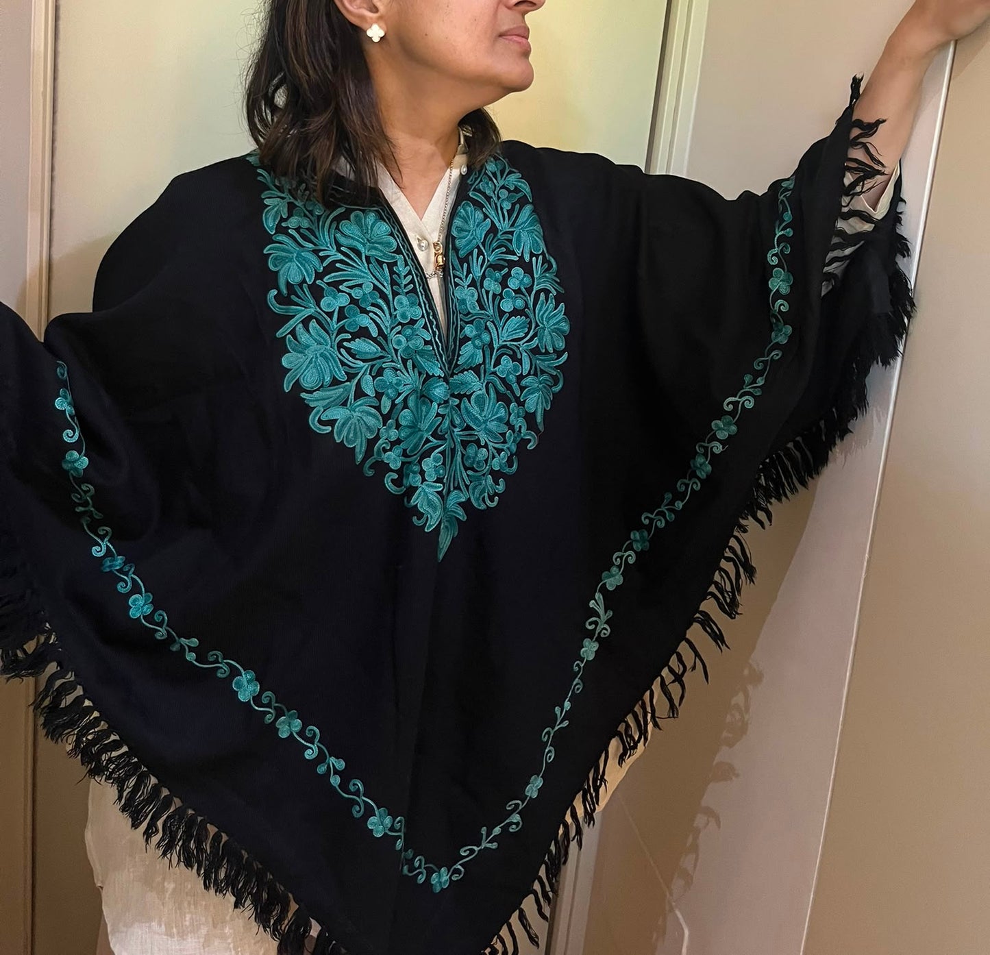 Handmade black  Kashmiri Embroidered Wool Poncho Cape
