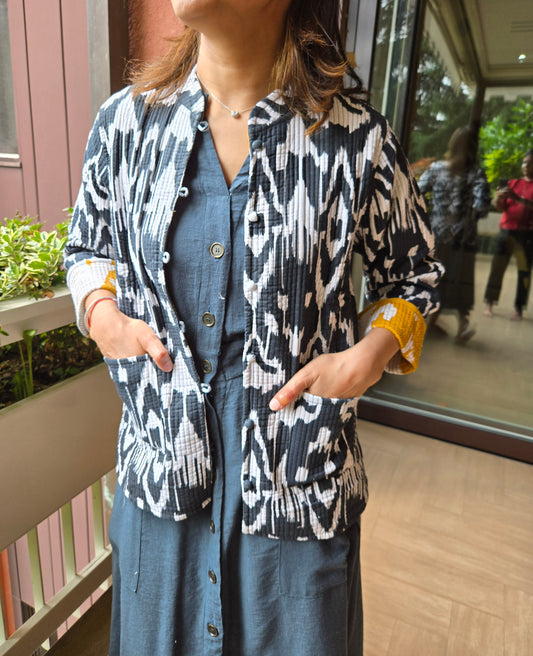 Indian Handmade Kantha Reversible Short Length  All Season Bohemian Jacket Ikkat print black/ mustard